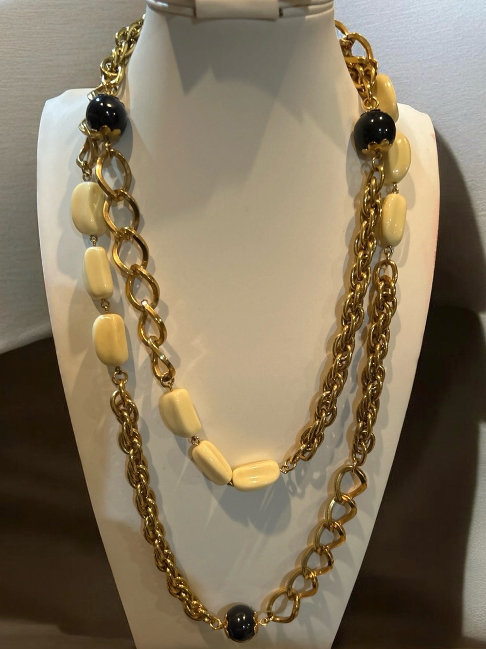 Vintage, Classic Estée Lauder Gold-Tone Layered Necklace with Cream&Black bead